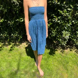 Blue Polka Dot Strapless Dress