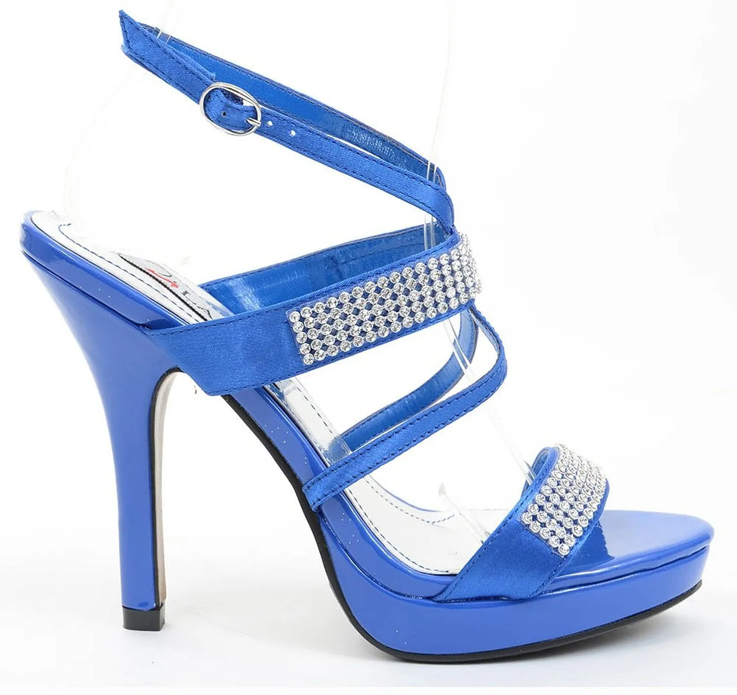 Blue Satin Jeweled Strappy Anklet Platform Sandal Formal Heels