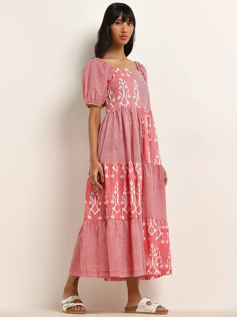 Bombay Paisley Red Ikat Patterned Tiered Cotton Dress