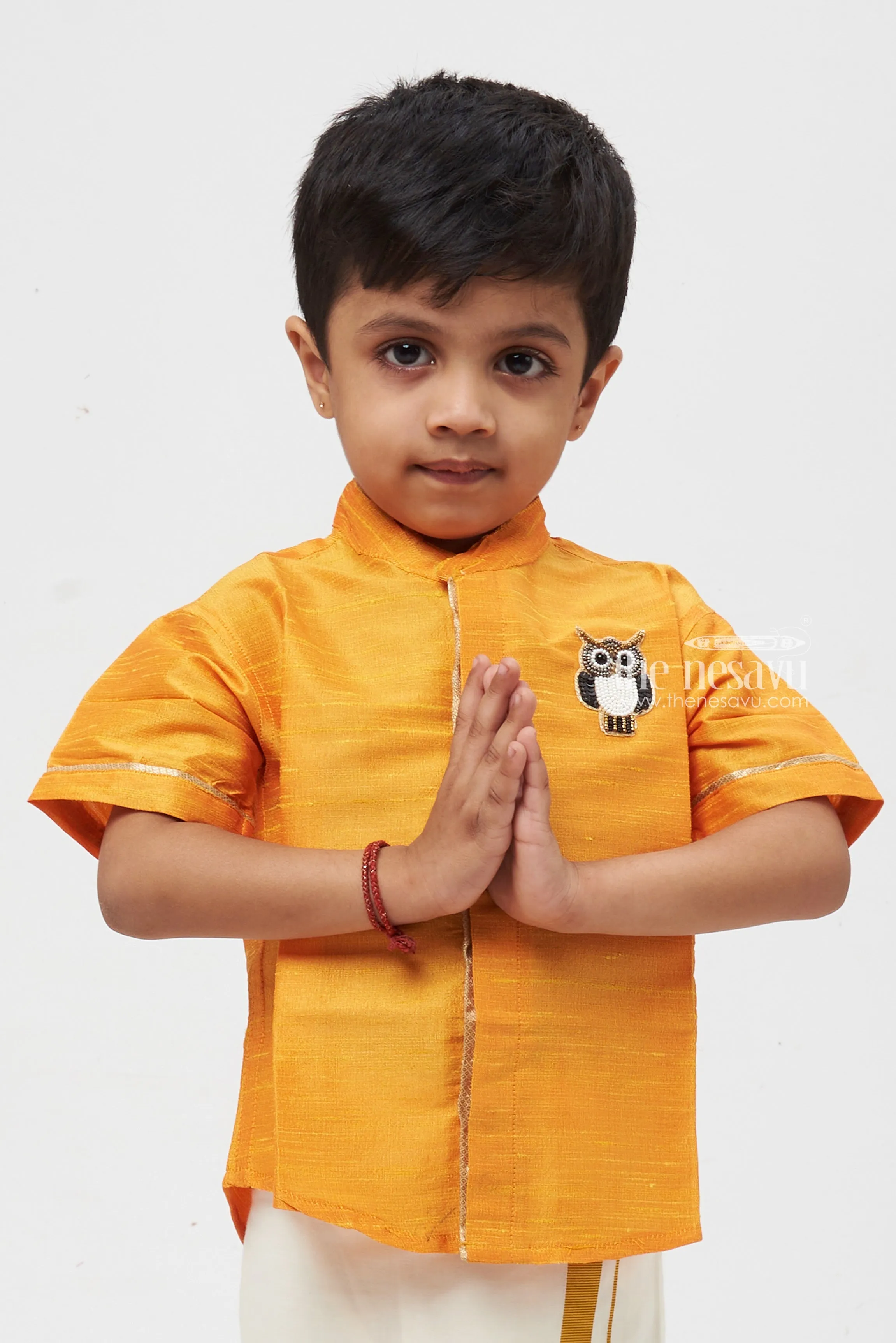 Boys Luxurious Orange Silk Shirt with Elegant Owl Design