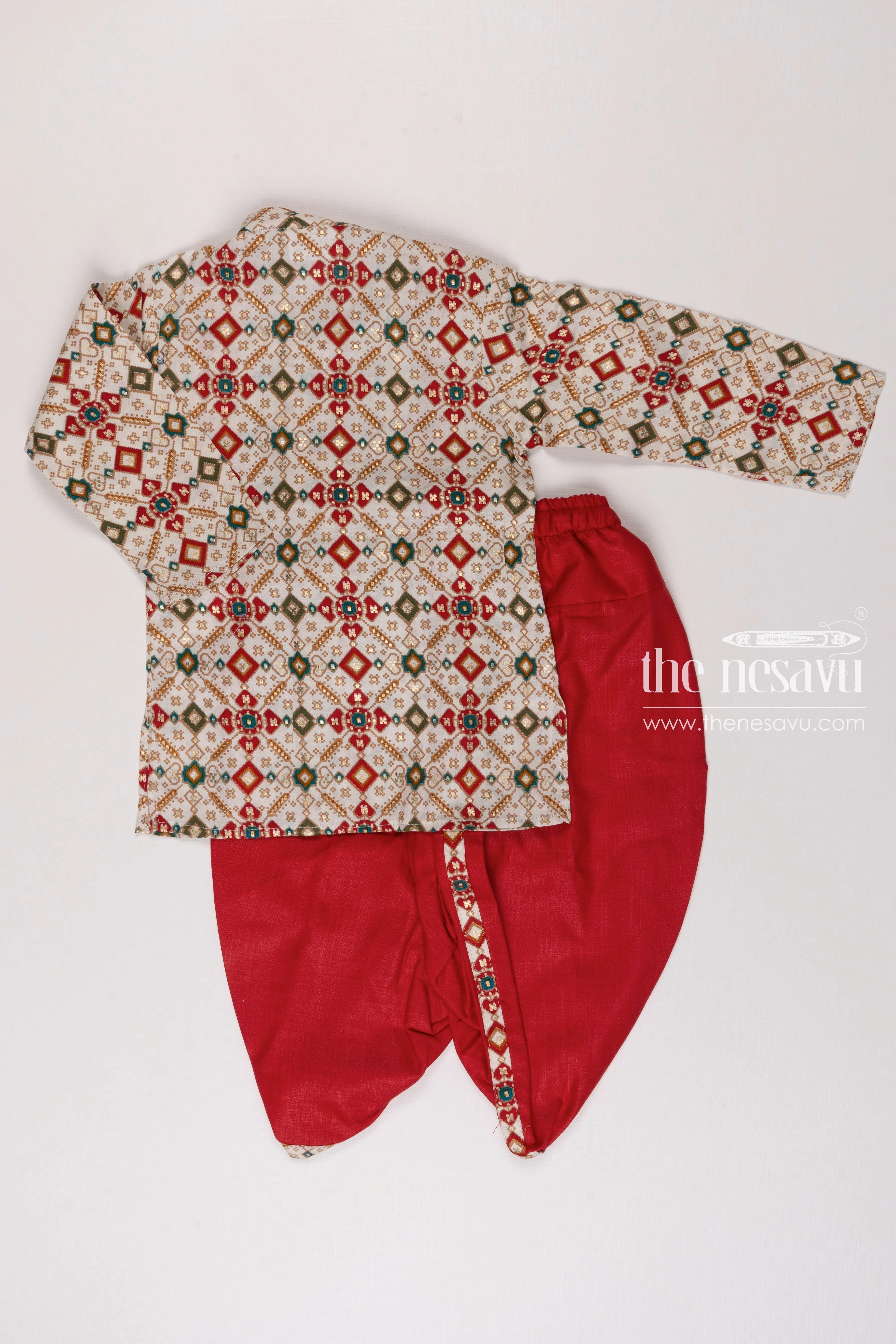 Boys Traditional Geometric Kurta with Crimson Dhoti Set