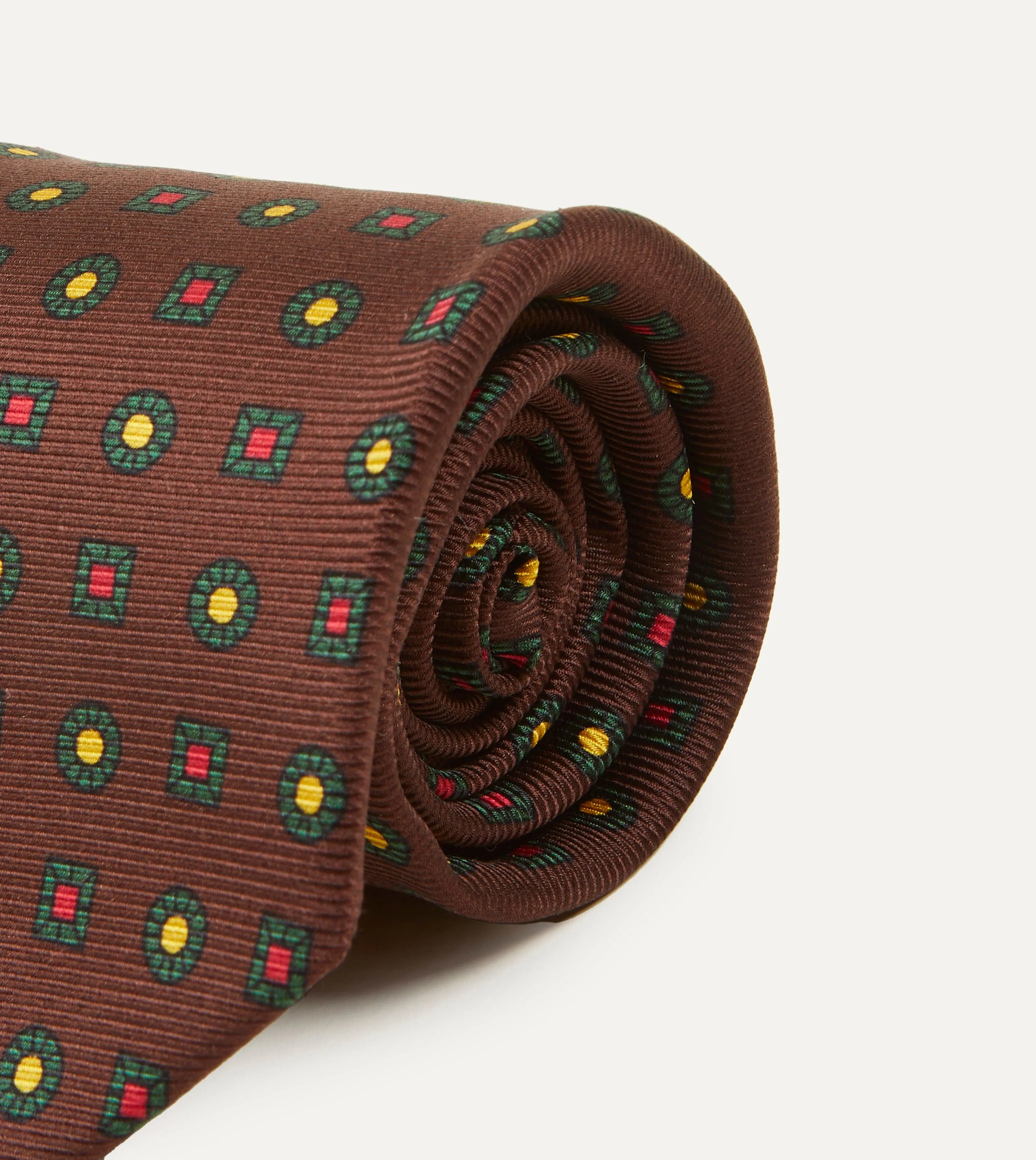 Brown and Green Geometric Medallion Print Madder Twill Silk Tie