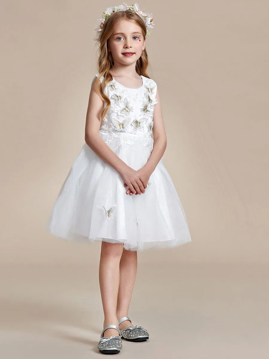 Butterfly Embroidered Sleeveless Tulle Flower Girl Dress