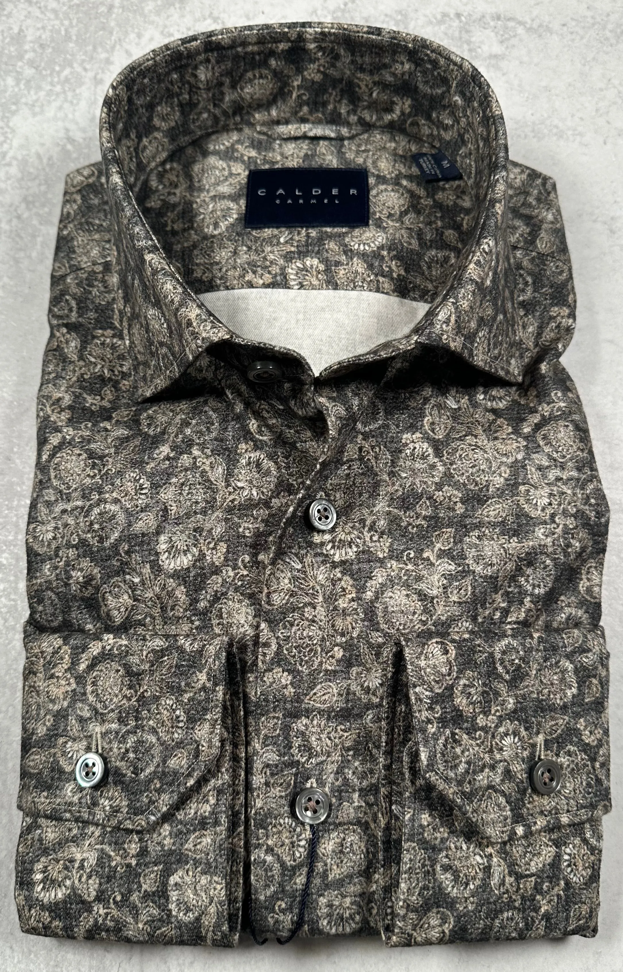 Calder Carmel Luxury Italian Printed Brushed Tonal Floral Sport Shirt in Chambray