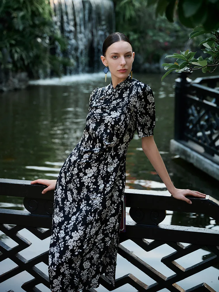 Camellia Printed Mandarin Collared Cheongsam Women Midi Qipao Dress