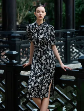 Camellia Printed Mandarin Collared Cheongsam Women Midi Qipao Dress