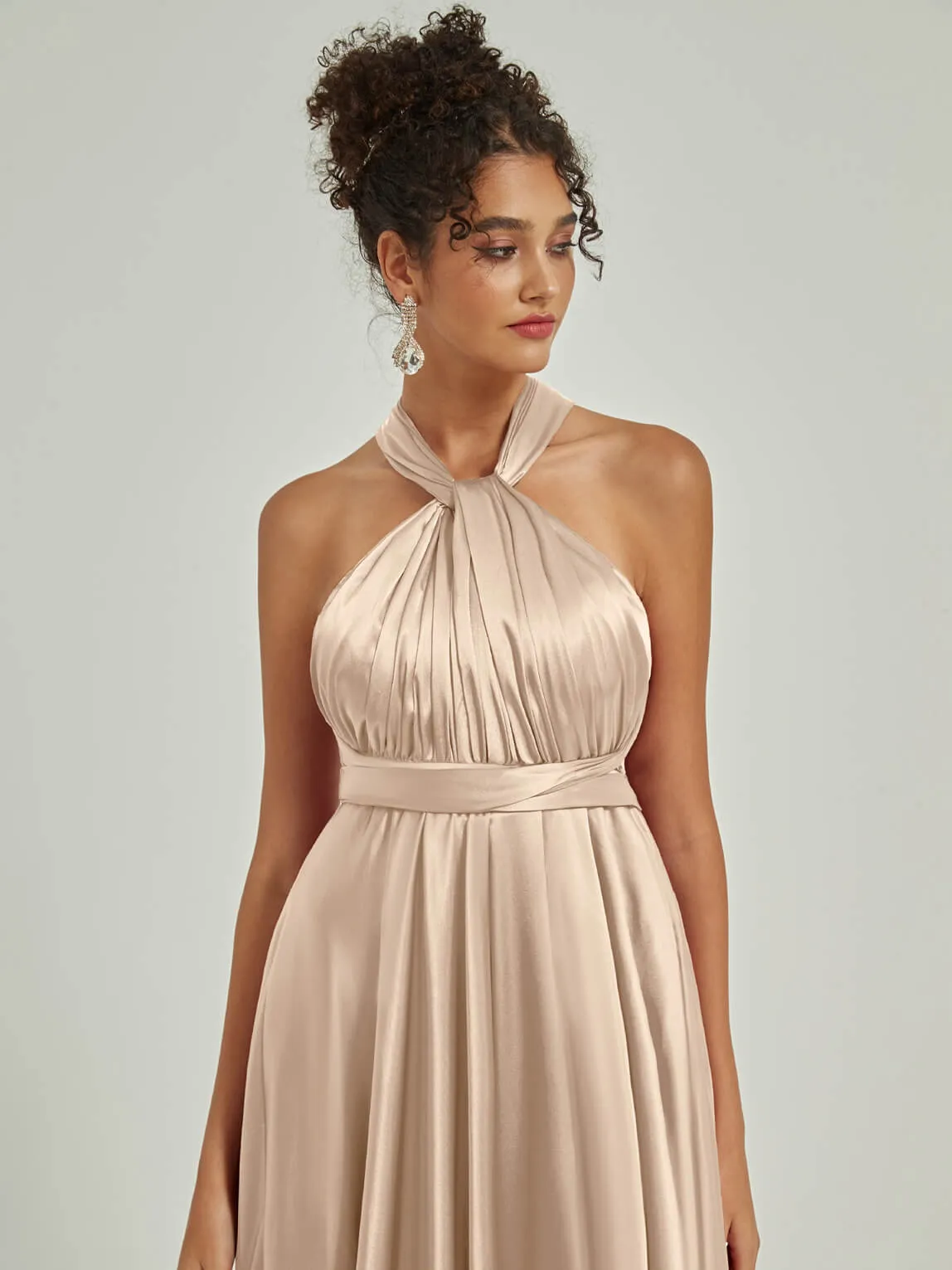 Champagne Satin Convertible Bridesmaid Dress Multi Ways Wrap A-Line Gowns