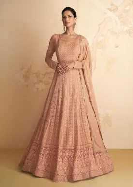 Chikankari Style Peach Traditional Work Festive Anarkali Gown