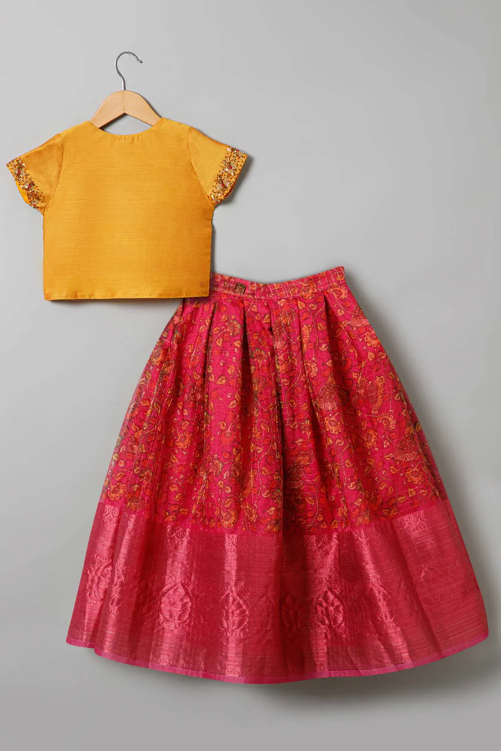 Chittythalli Traditional Pavadai Set V Neck short sleeve top with Box pleated Skirt - Yellow & Pink - PS38