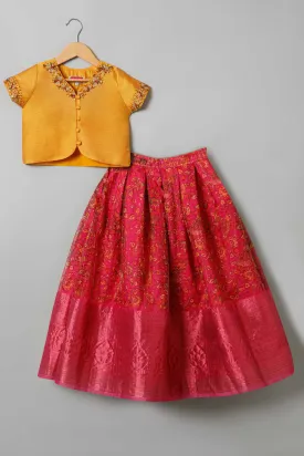 Chittythalli Traditional Pavadai Set V Neck short sleeve top with Box pleated Skirt - Yellow & Pink - PS38