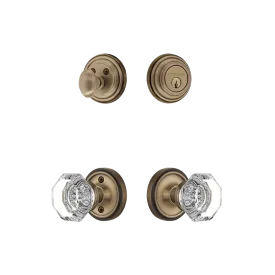 Classic Rosette Entry Set with Waldorf Crystal Knob in Antique Brass