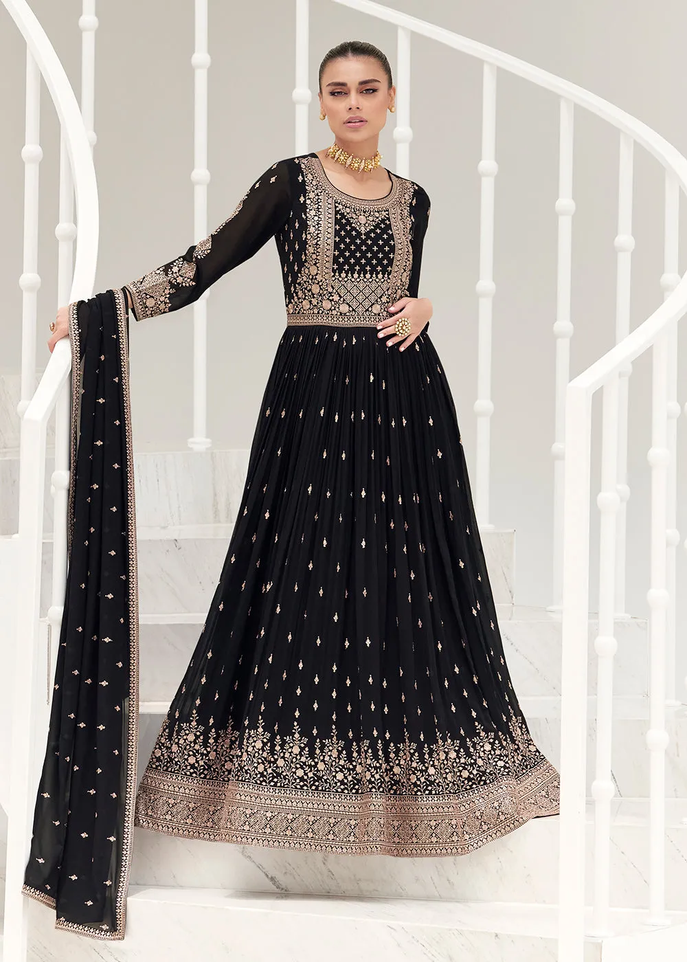 Classy Black Real Georgette Party Style Anarkali Suit