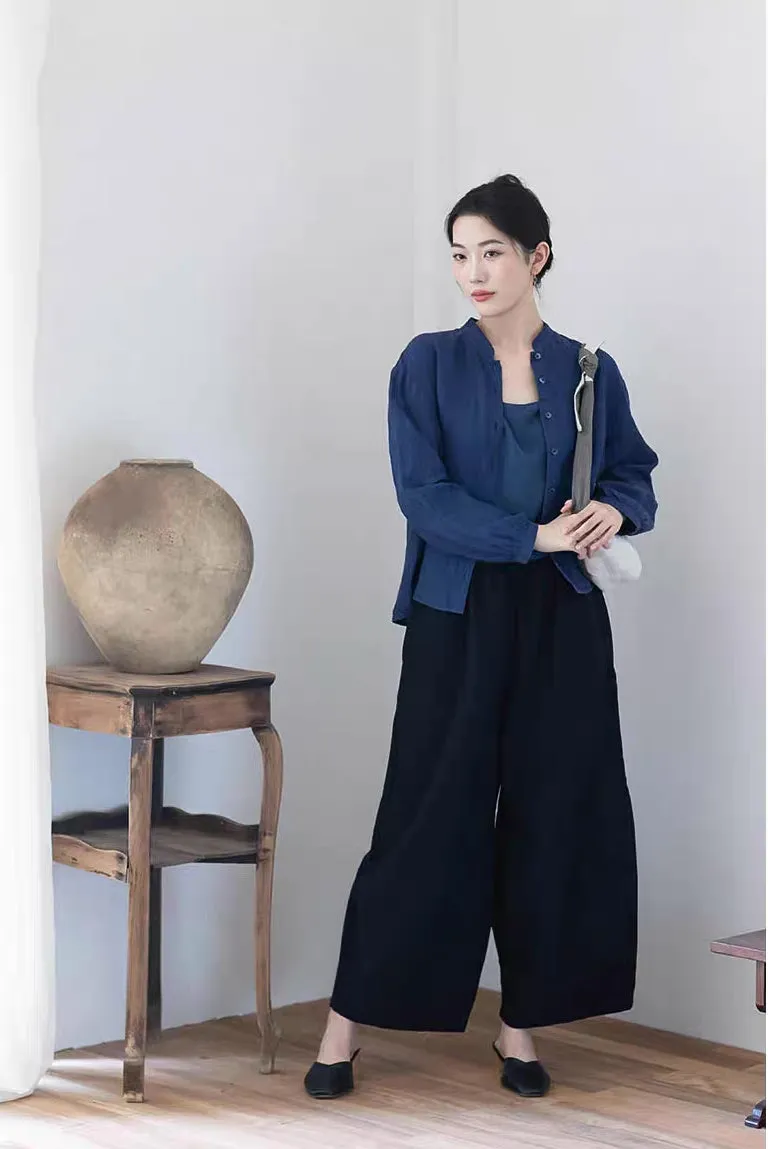 Cotton Linen Long Pants in Black