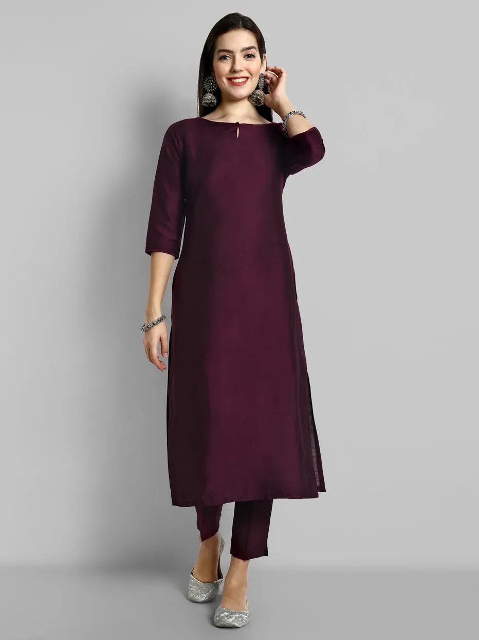 Deep Burgundy Cotton Silk Boat Neck Kurta