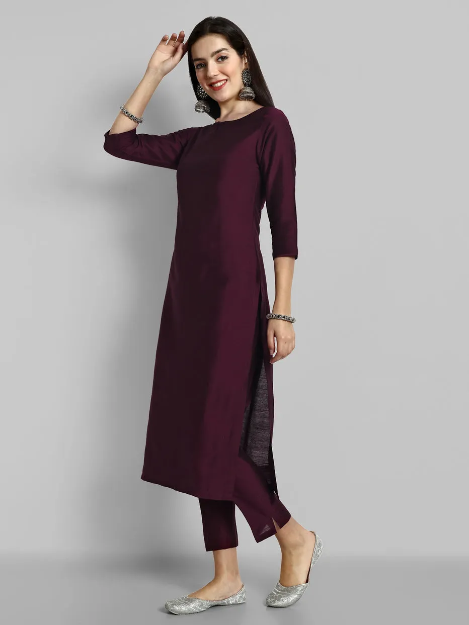 Deep Burgundy Cotton Silk Boat Neck Kurta