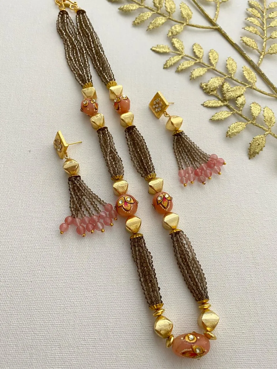 Designer Handcrafted Long Smoky Crystal Beaded Necklace Set By Gehna Shop