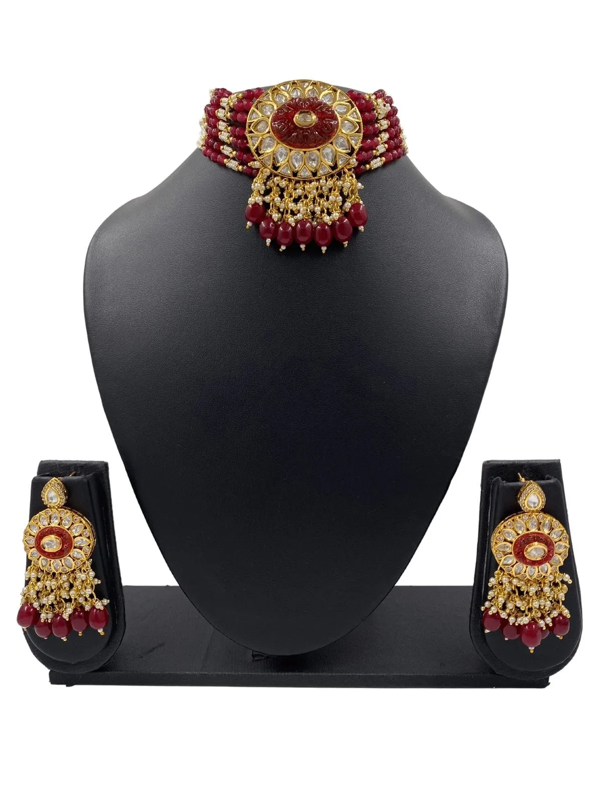 Designer Handcrafted Maroon Stone And Pearl Statement Choker Set For Women By Gehna Shop