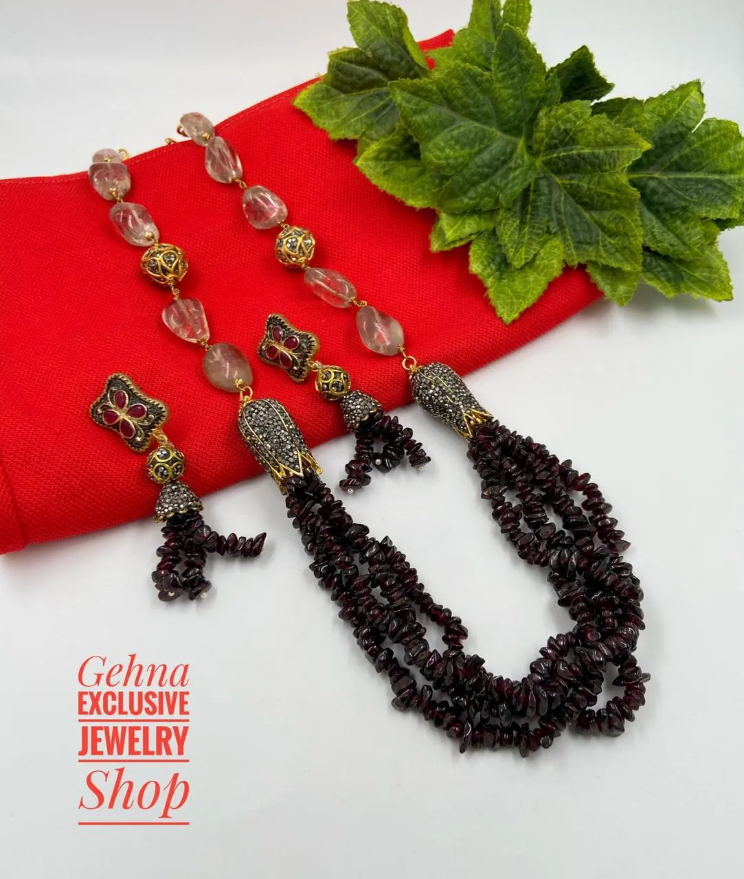 Designer Semi Precious Garnet Beaded Jewellery Necklace Set For Woman