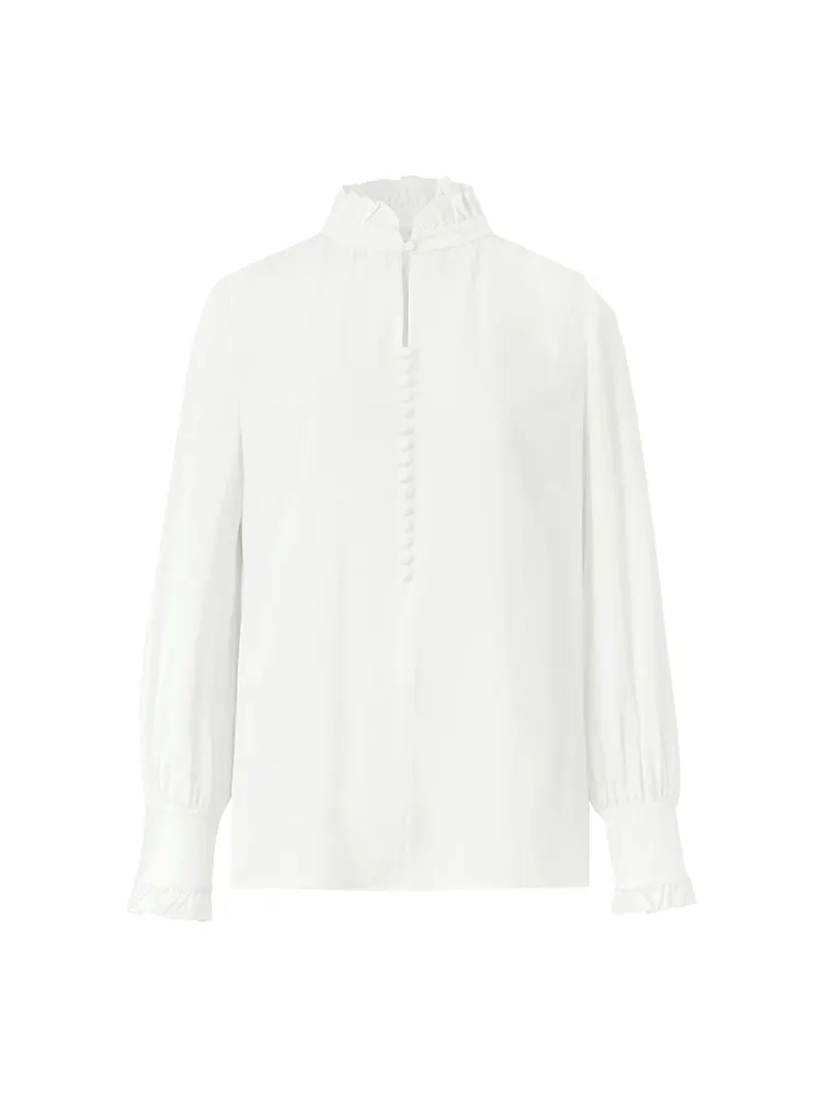 Diacetate Ruffle Mandarin Collar Women Blouse