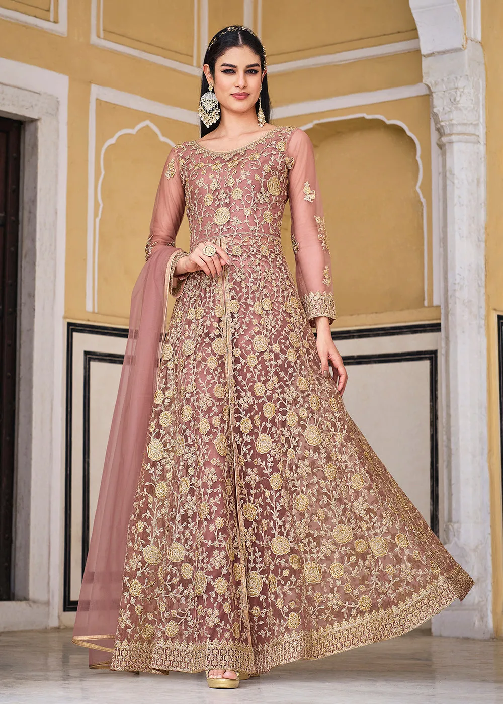 Dusty Mauve Skirt & Pant Style Designer Anarkali Suit