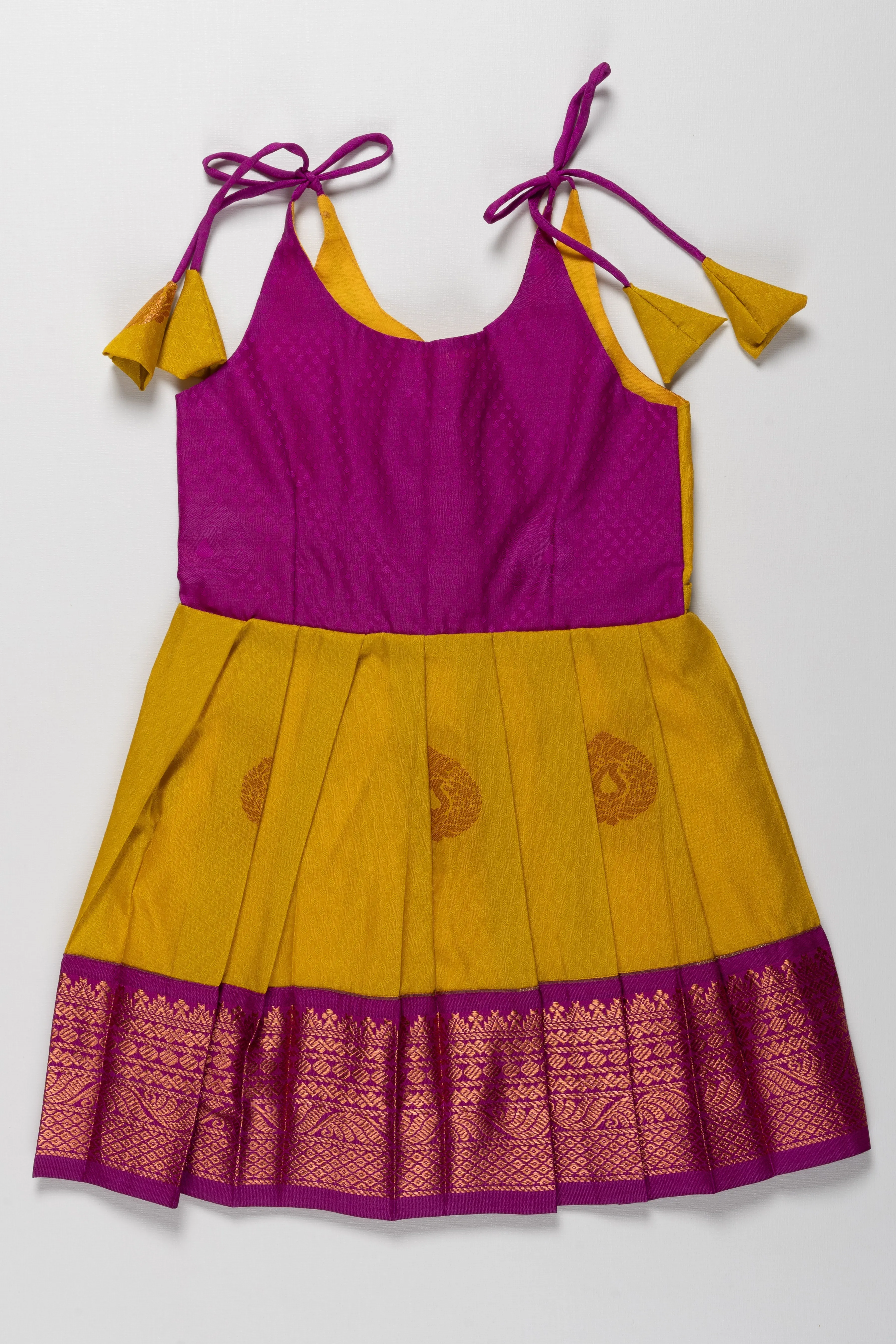 Elegant Purple and Yellow Banarasi Silk Tie-Up Frock for Annaprashanam and Barasala