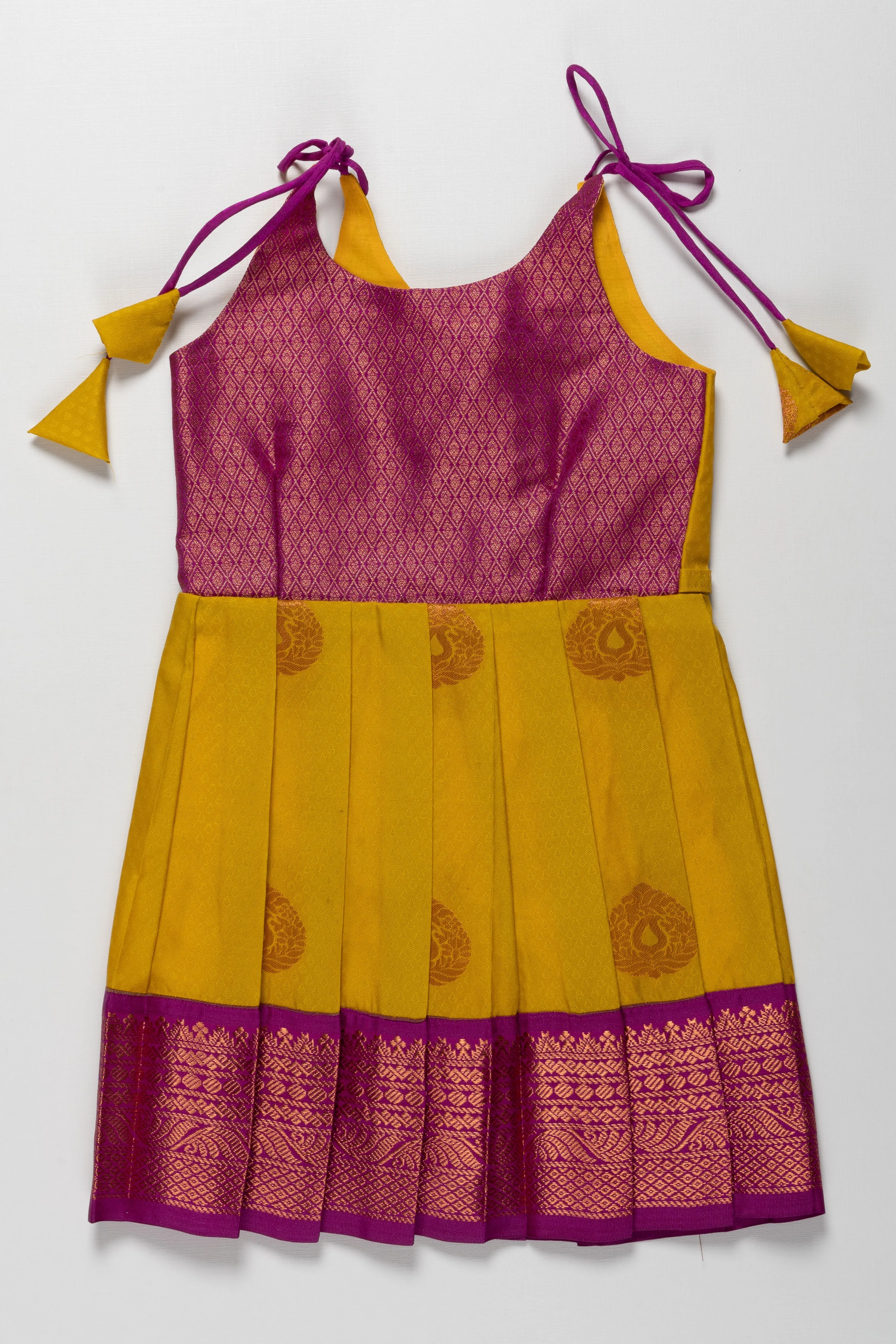 Elegant Purple and Yellow Banarasi Silk Tie-Up Frock for Annaprashanam and Barasala