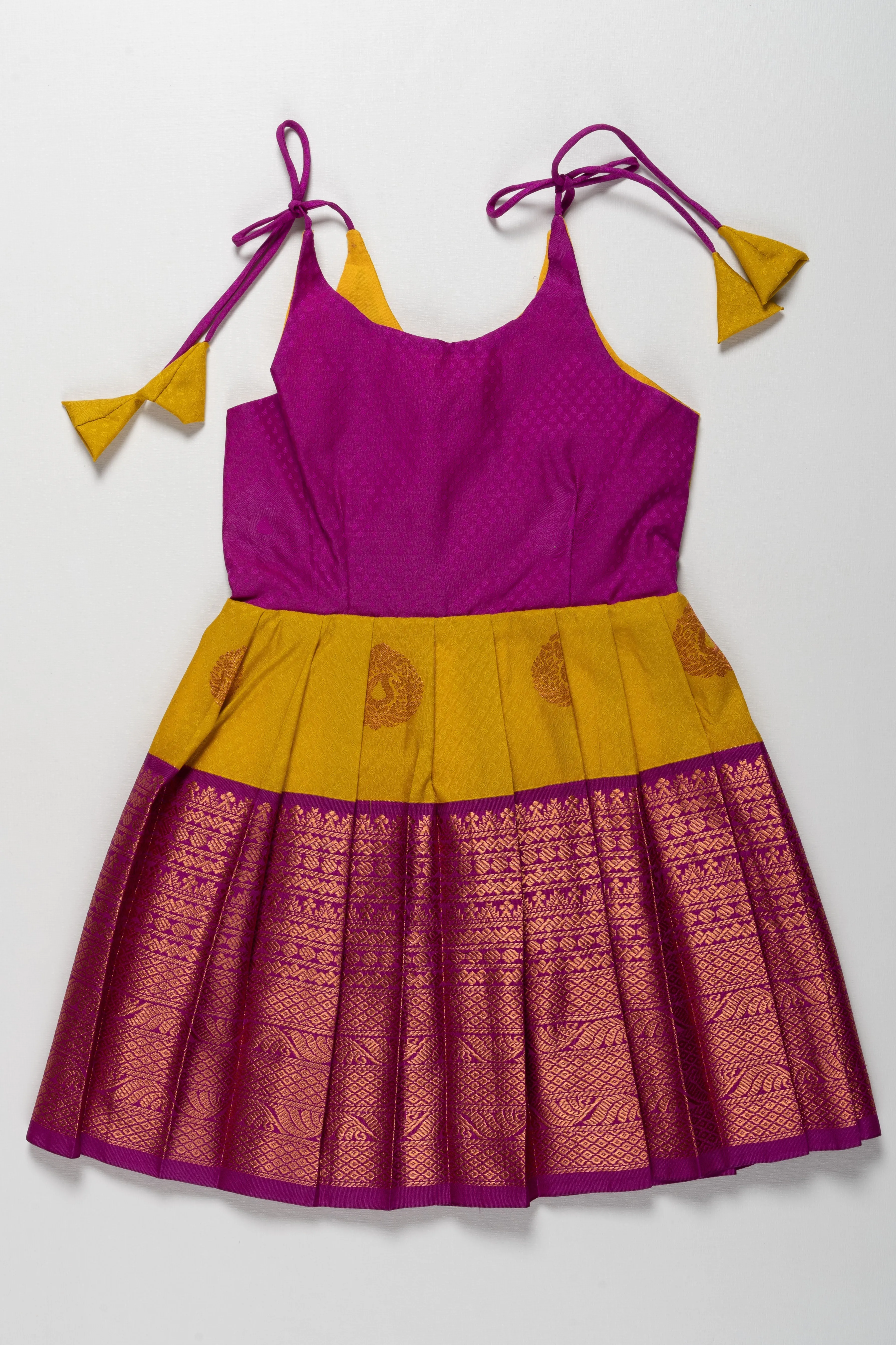 Elegant Purple and Yellow Banarasi Silk Tie-Up Frock for Annaprashanam and Barasala