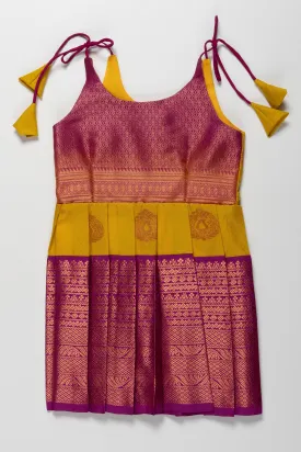 Elegant Purple and Yellow Banarasi Silk Tie-Up Frock for Annaprashanam and Barasala