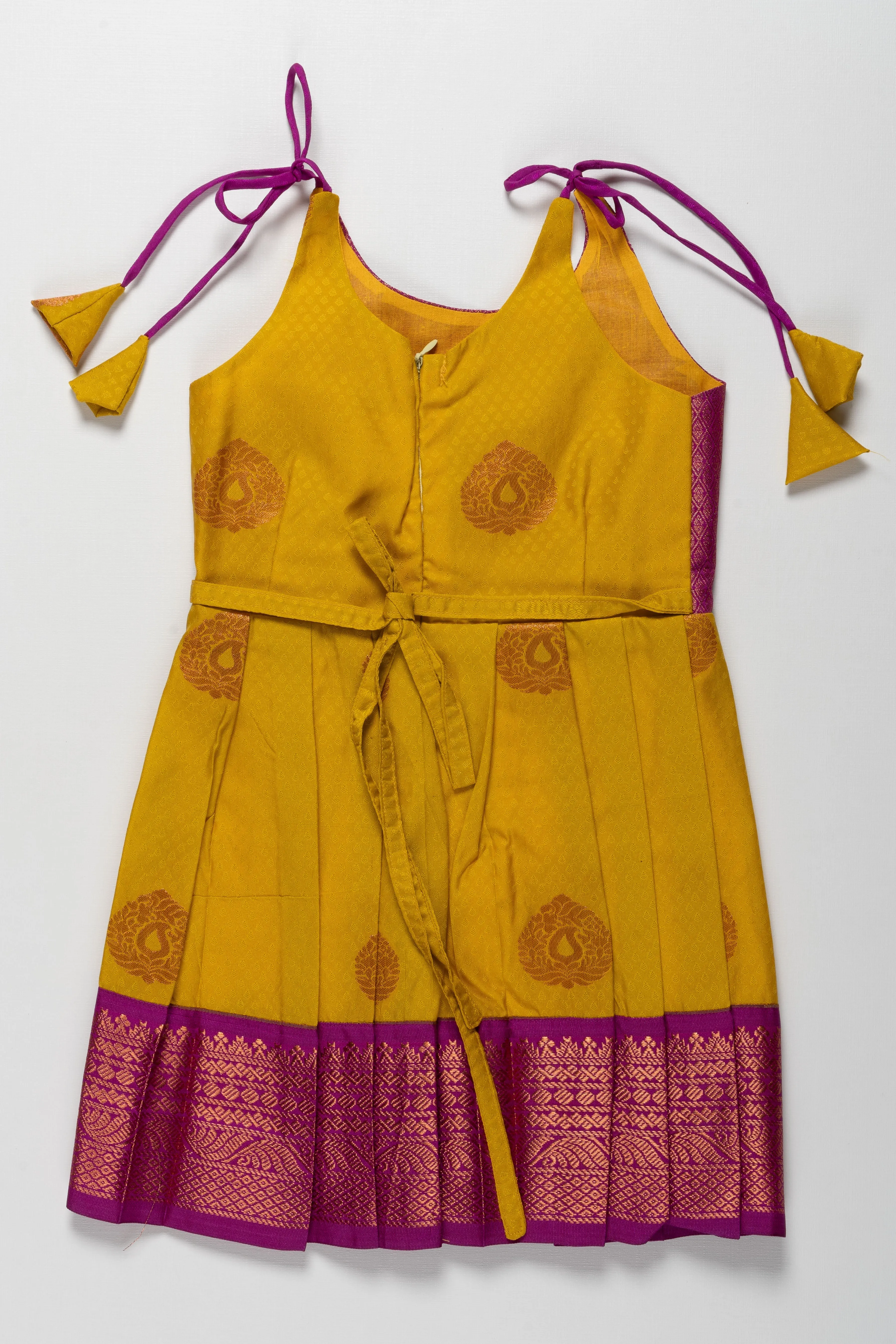 Elegant Purple and Yellow Banarasi Silk Tie-Up Frock for Annaprashanam and Barasala