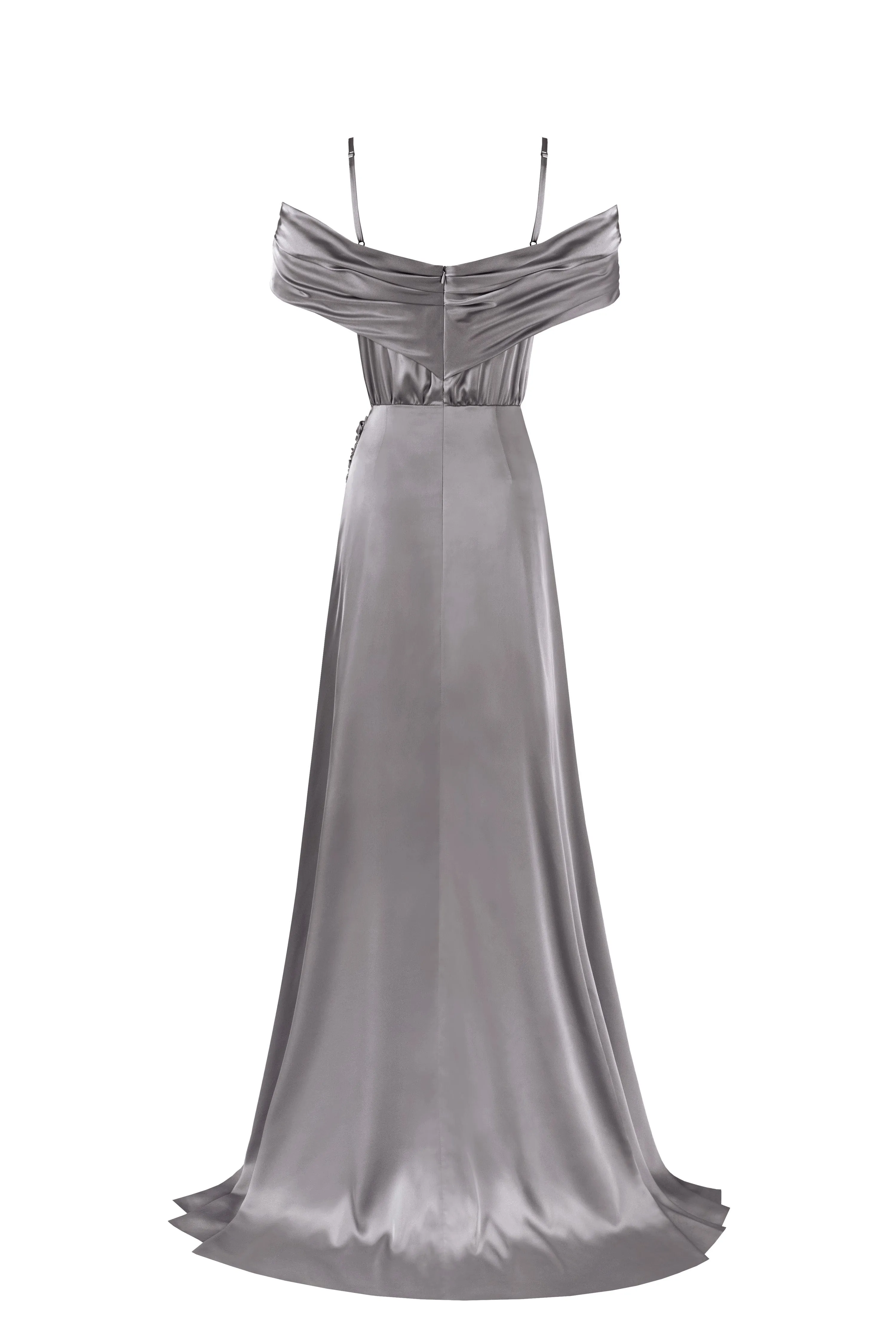 Elegant silver off-the-shoulder silk maxi dress