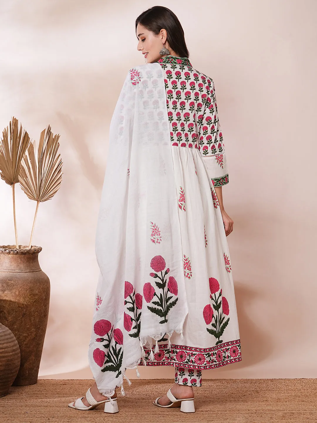 Ethnic Floral Block Printed A-Line Pleated Kurta with Pant and Printed Dupatta - White