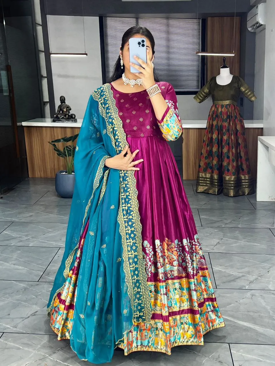 Ethnic Women's Dola Silk Gown Dupatta Suit