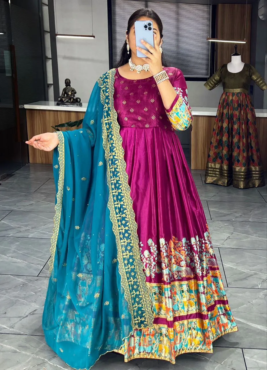 Ethnic Women's Dola Silk Gown Dupatta Suit