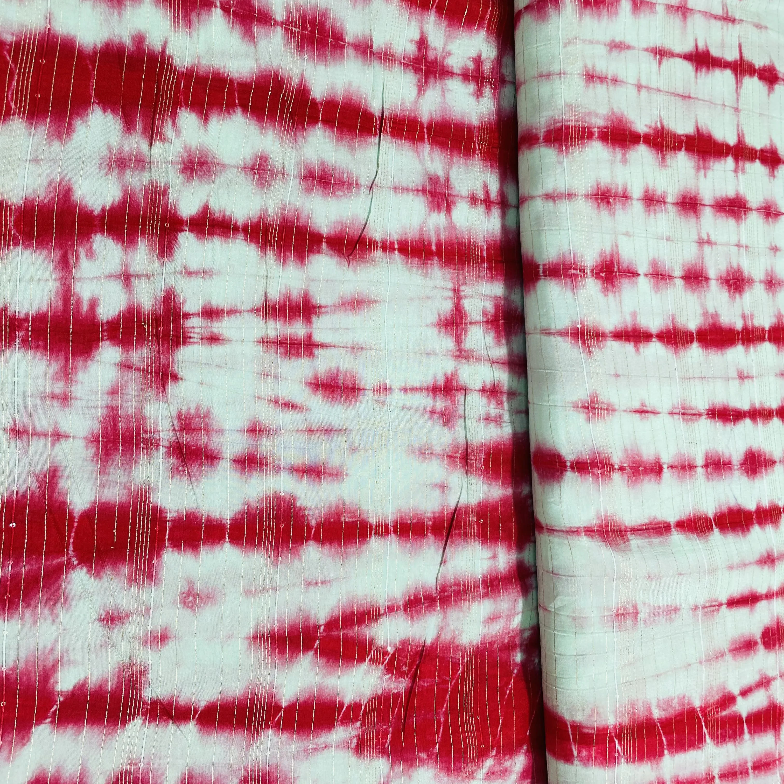 Exclusive Red & Sea Green Shibori With Lurex Silk Fabric