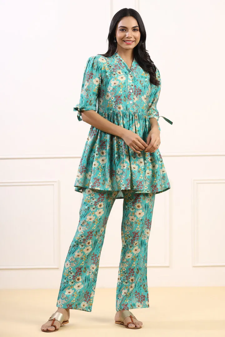 Flower Power Muslin Silk Blue Co-ord Set