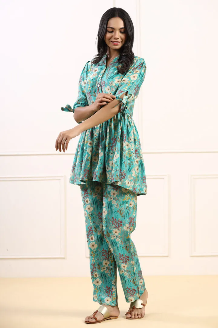 Flower Power Muslin Silk Blue Co-ord Set