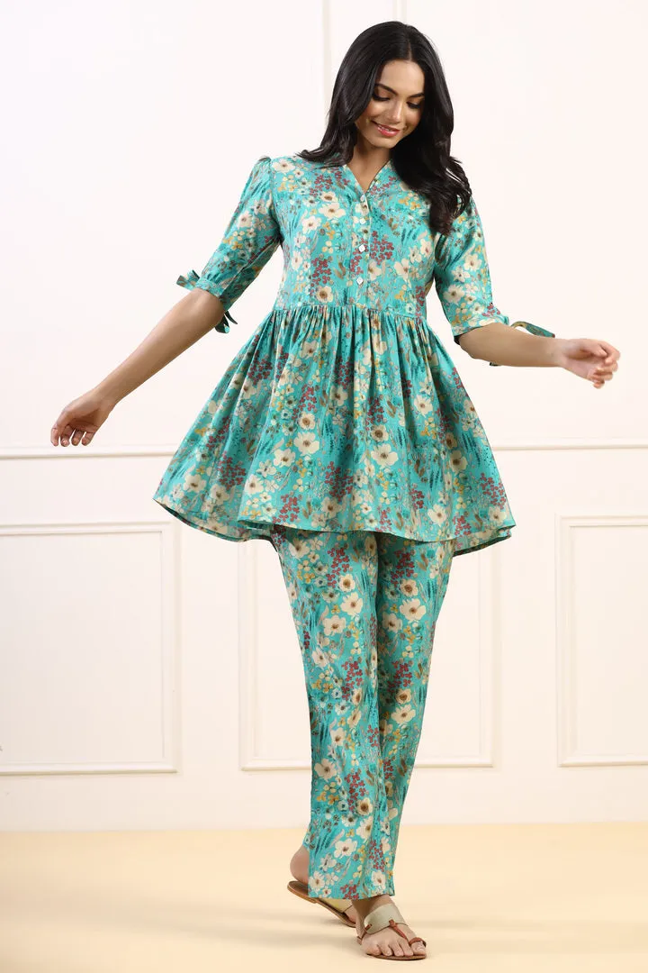 Flower Power Muslin Silk Blue Co-ord Set