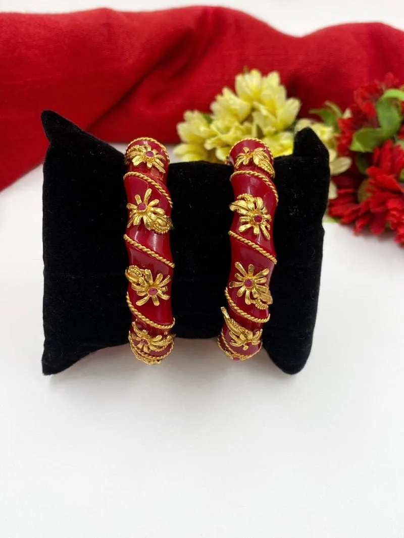 Gehna Shops Traditional Gold Plated Red Bangles For Women