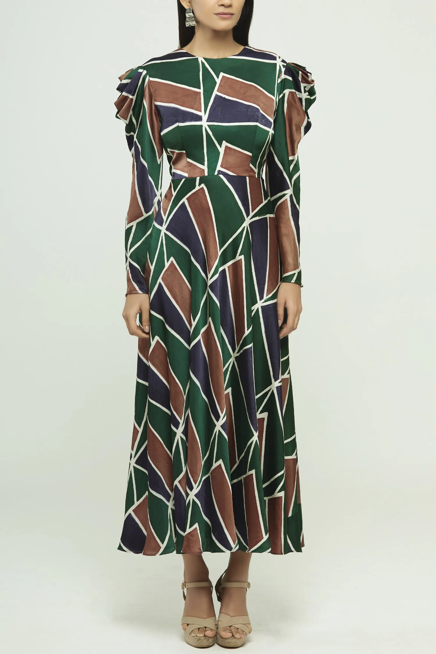 Geometric Printed Long Dress With Back Detailing