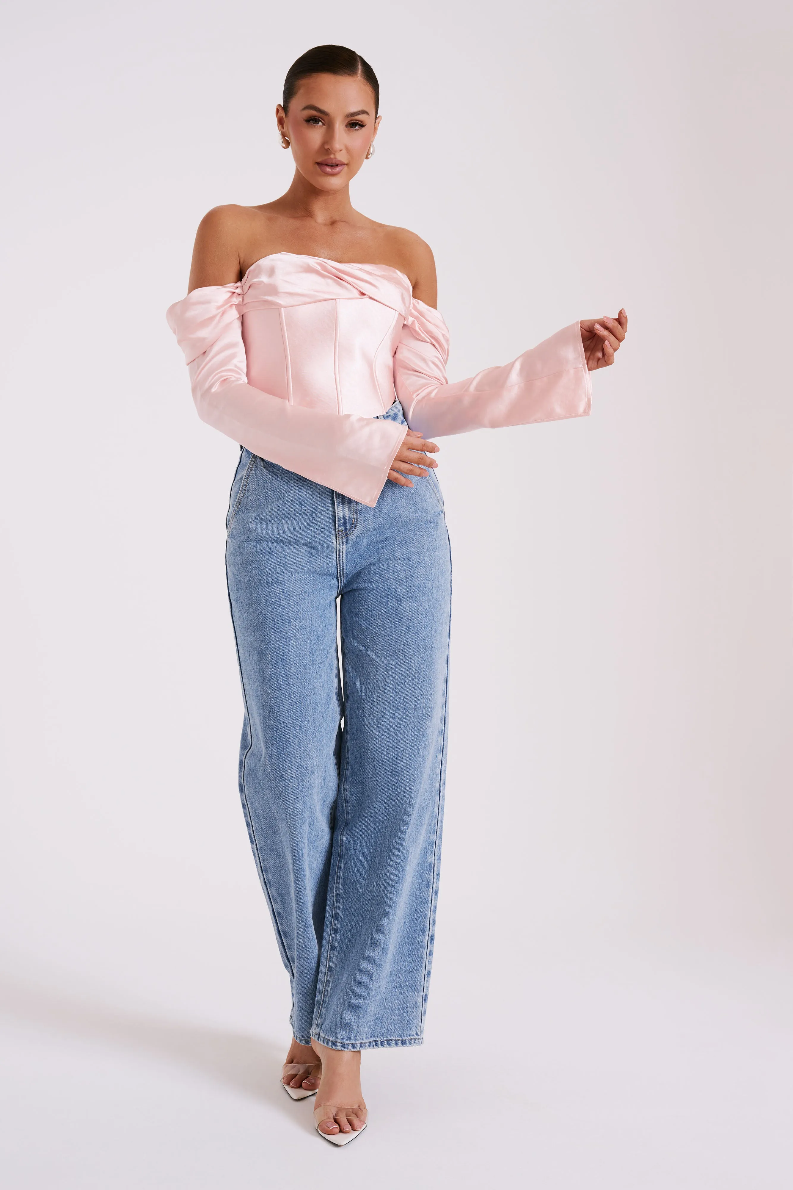 Giselle Satin Off Shoulder Top - Baby Pink