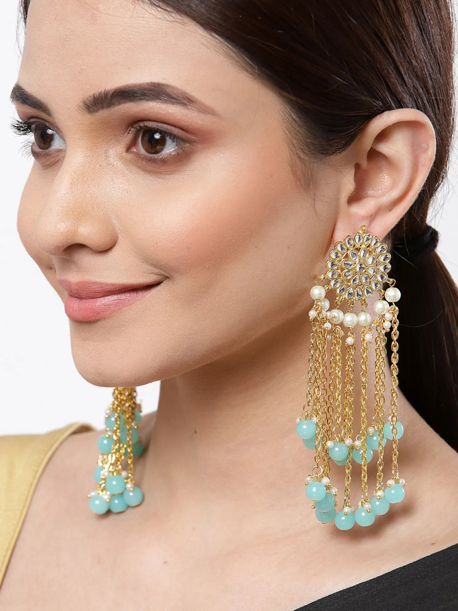 Gold Plated Light Blue Kundan Tassel Earrings