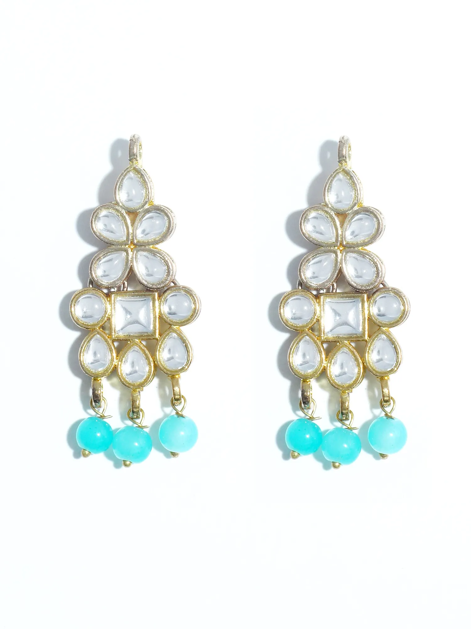 Gold Plated Mint Blue Beads Kundan Dangler Earrings for Women