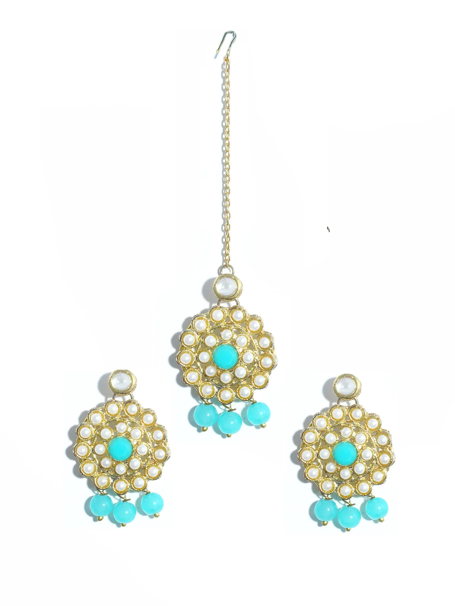 Gold Plated Mint Blue Beads Kundan Dangler Earrings with Maangtikka for Women