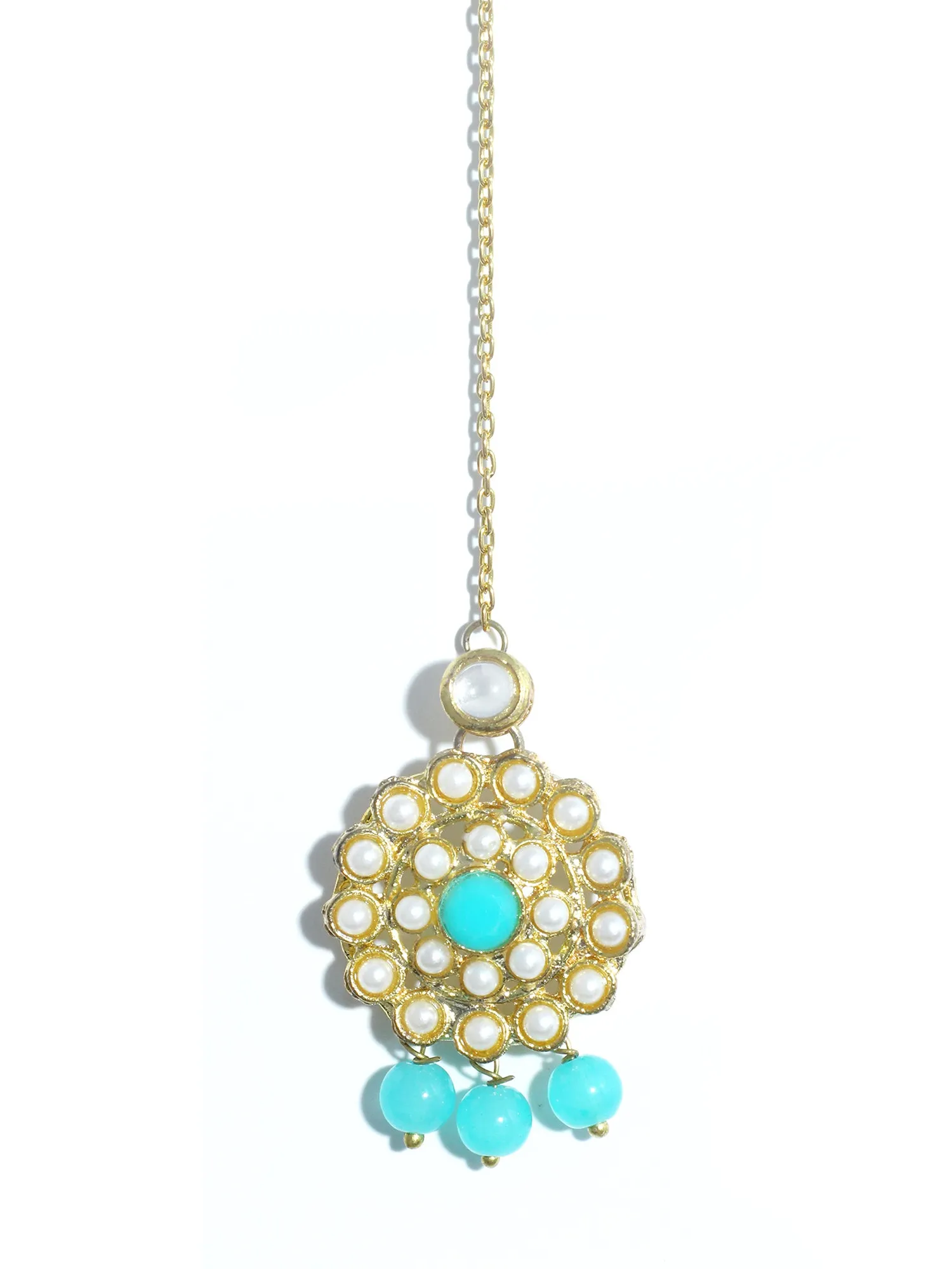 Gold Plated Mint Blue Beads Kundan Dangler Earrings with Maangtikka for Women