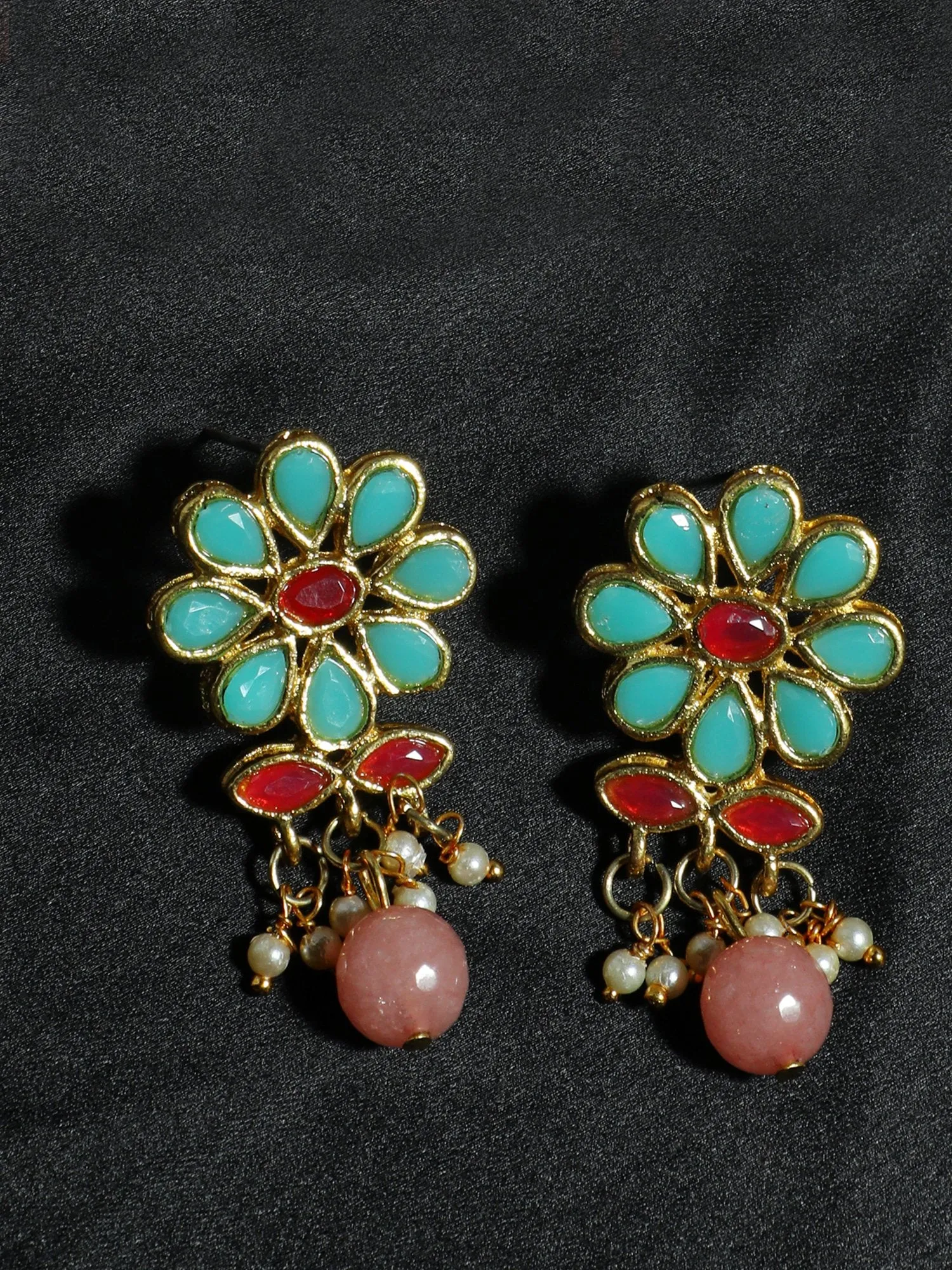 Gold Plated Peach Beads Mint Blue Kundan Dangler Earrings for Women