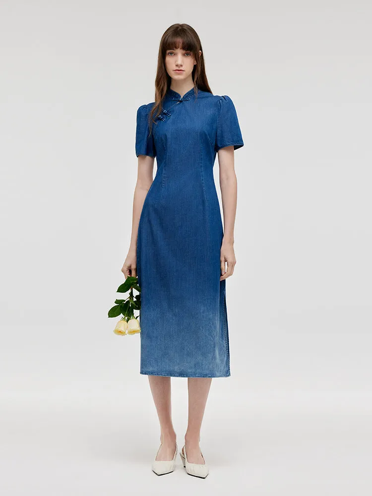 Gradient Denim Women Qipao Midi Dress