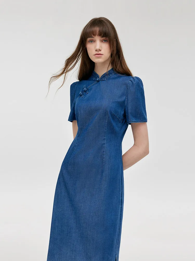 Gradient Denim Women Qipao Midi Dress