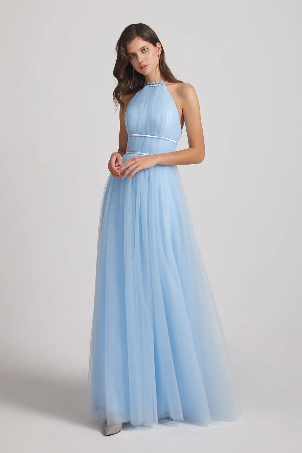 Halter Ruched Crisscross Tulle Blue Bridesmaid Dresses (AF0034)