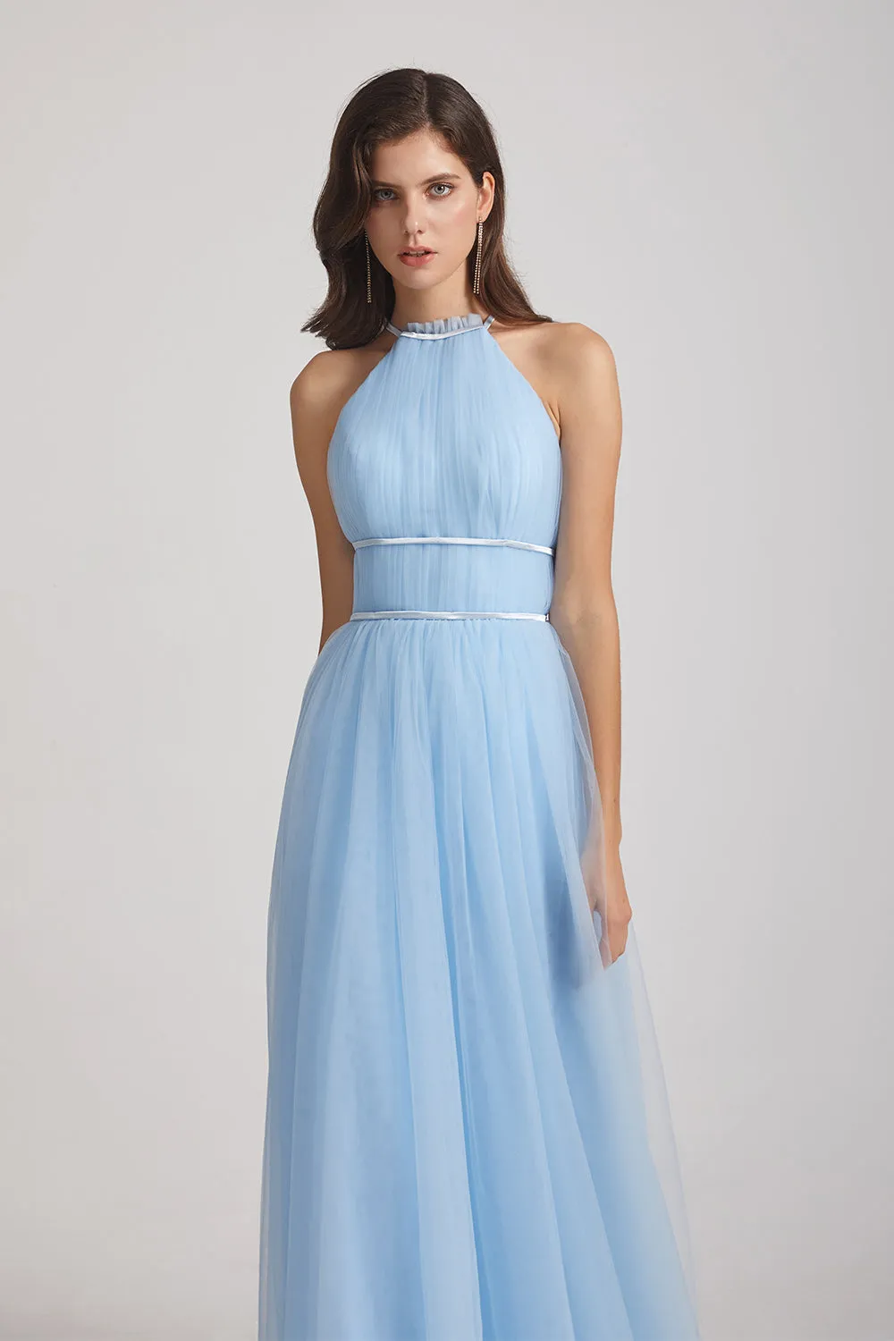 Halter Ruched Crisscross Tulle Blue Bridesmaid Dresses (AF0034)