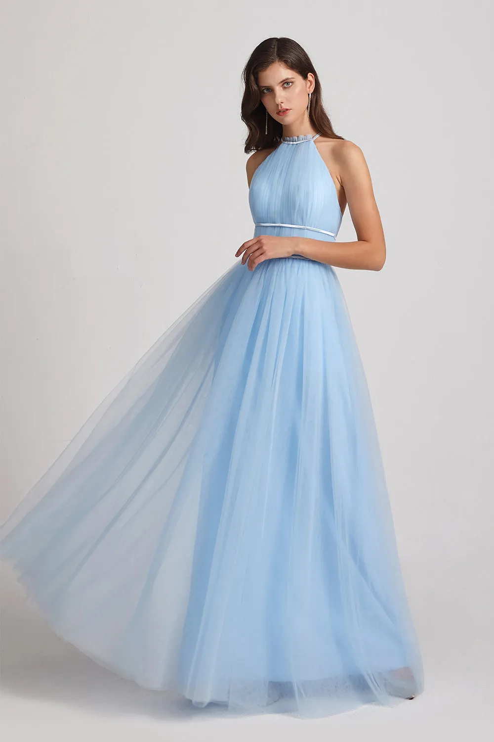 Halter Ruched Crisscross Tulle Blue Bridesmaid Dresses (AF0034)